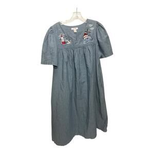 Go Softly Patio Denim House Dress Blue Embroidered Sail Boats Small